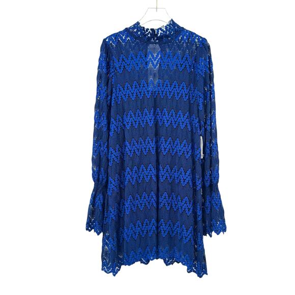 Free People NWT Simone Blue & Black Lace Long Flounce Sleeve Mini Dress - Picture 7 of 16
